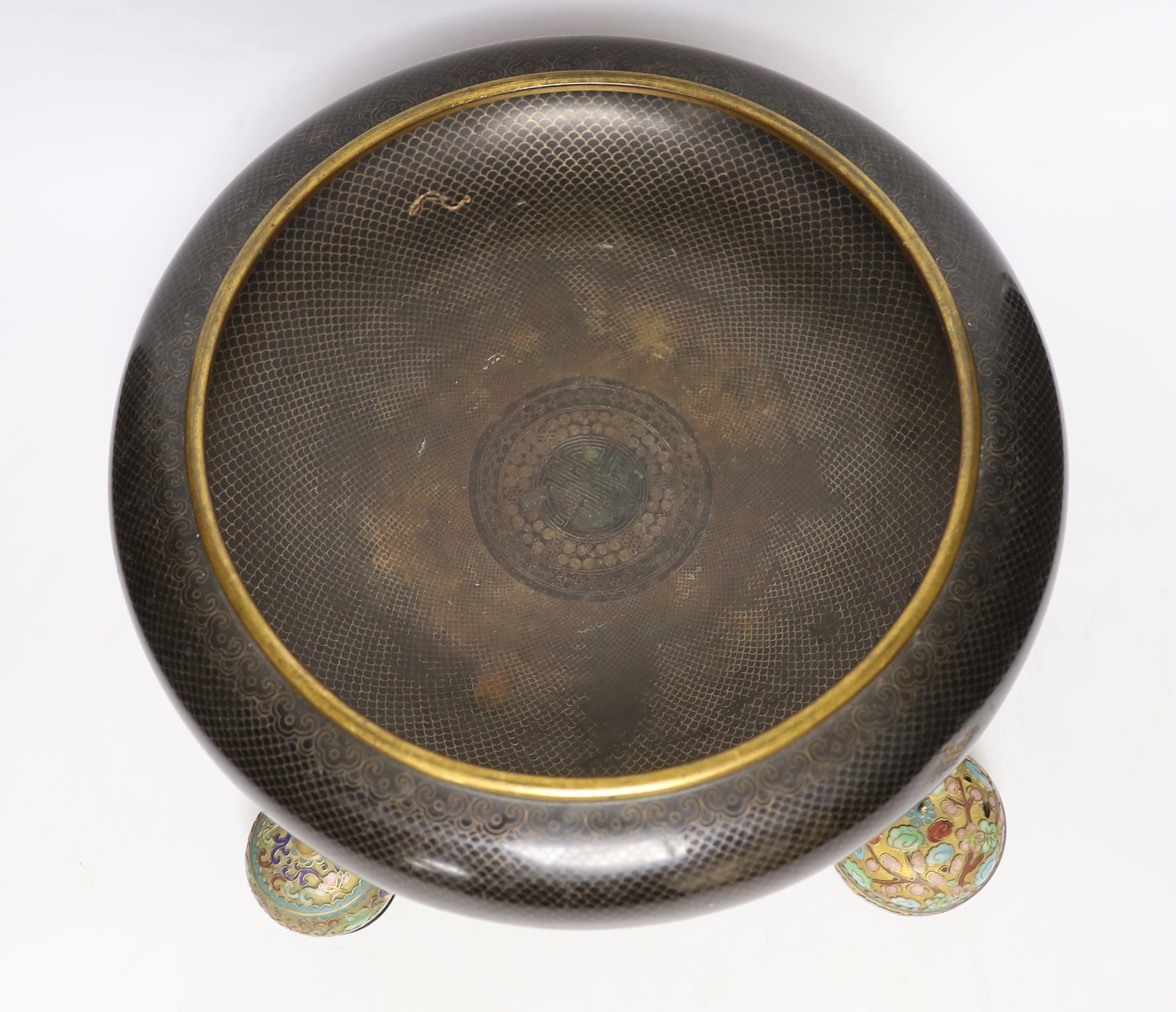 A Chinese cloisonné enamel bowl on partially giltwood stand together with two miniature enamelled pots, one in the form of an apple, largest 30cm diameter